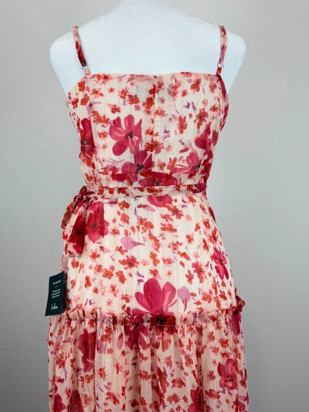 Lulus Womens Size S Pink Floral Wrap Midi Dress Ruffle Sleeveless NWT - Picture 11 of 16